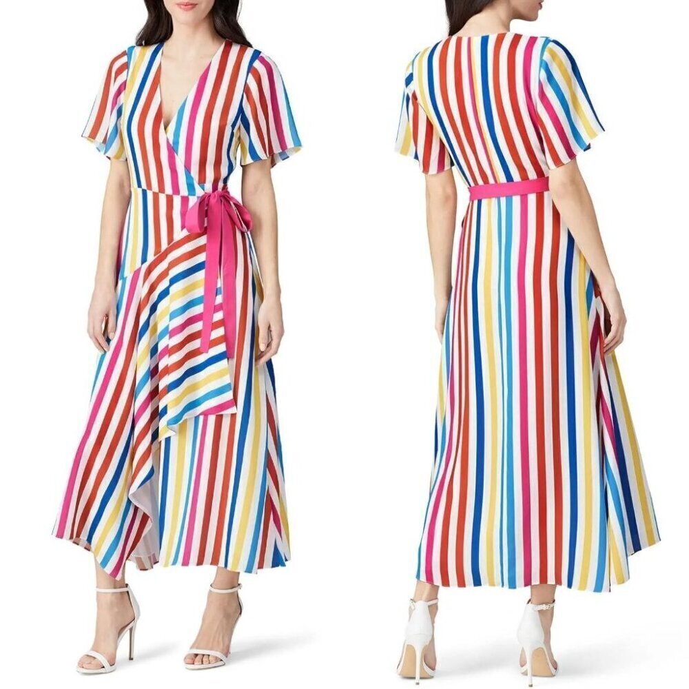 Color Me‎ Courtney Dress Women Medium White Multicolor Stripe Taira Wrap Maxi